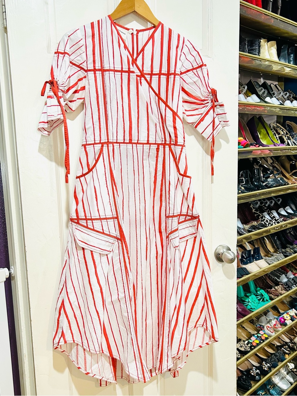 LOVEBIRDS Red & White Striped Designer High-Low Midi Dress 100% Cotton Size XS